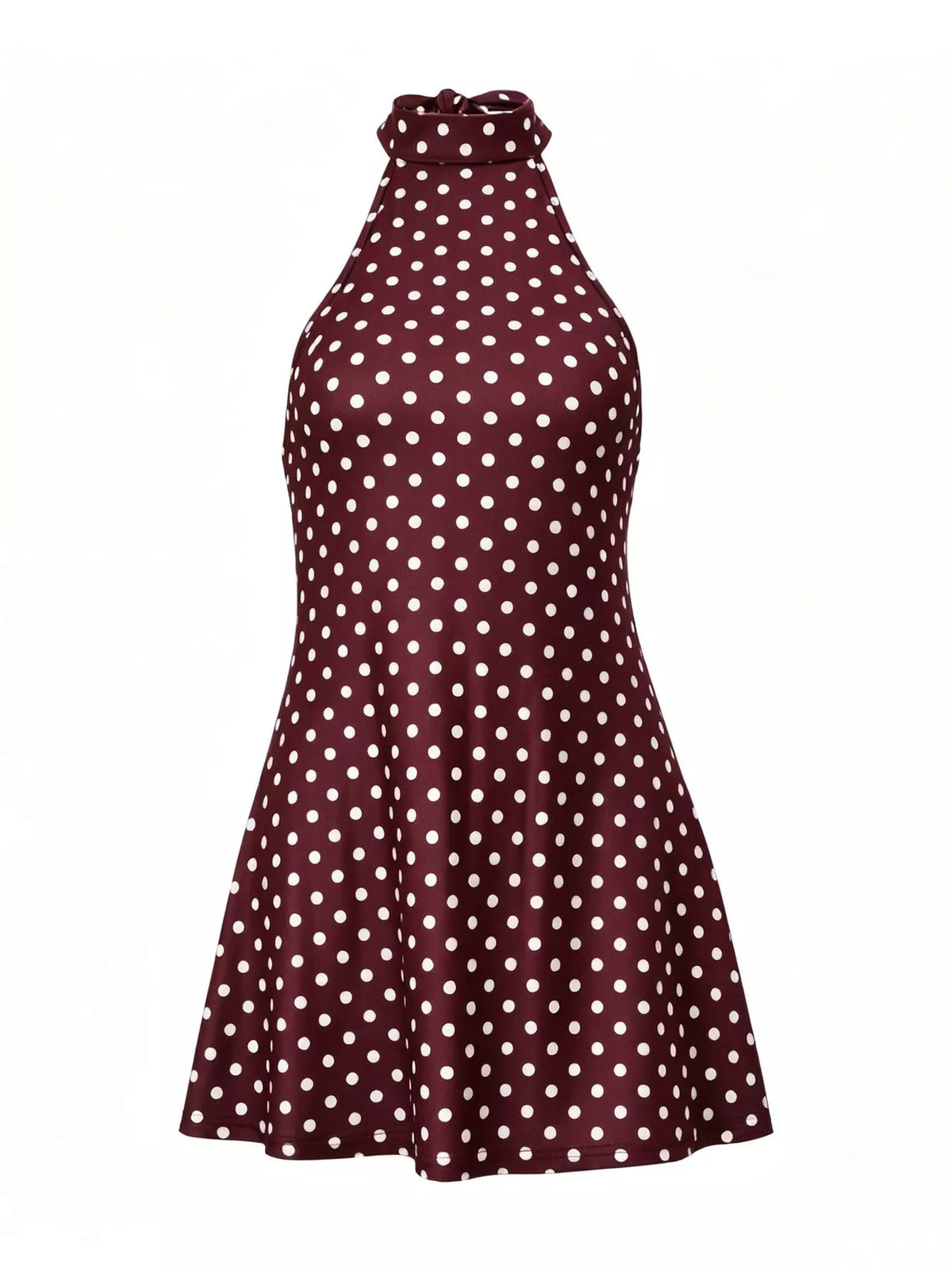 Brown and white polka dot halter neck mini dress, front view