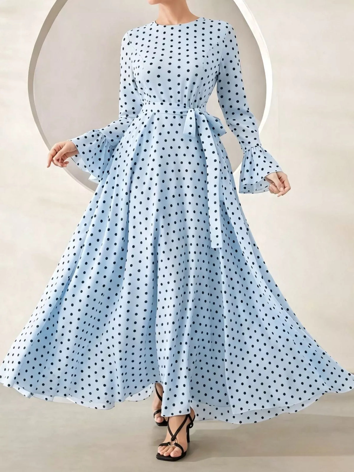 Polka Dot Long Sleeve Maxi Dress with Waist Tie in light blue and black