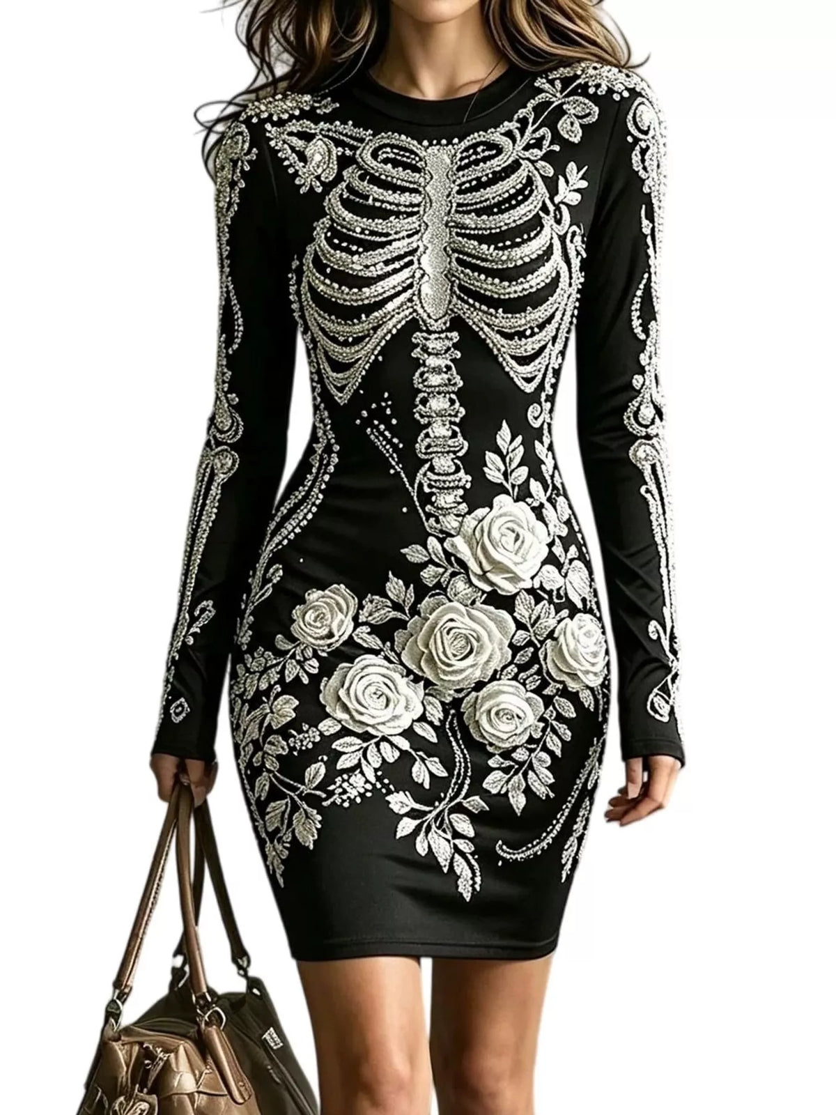 Floral skeleton dress, black with white print front