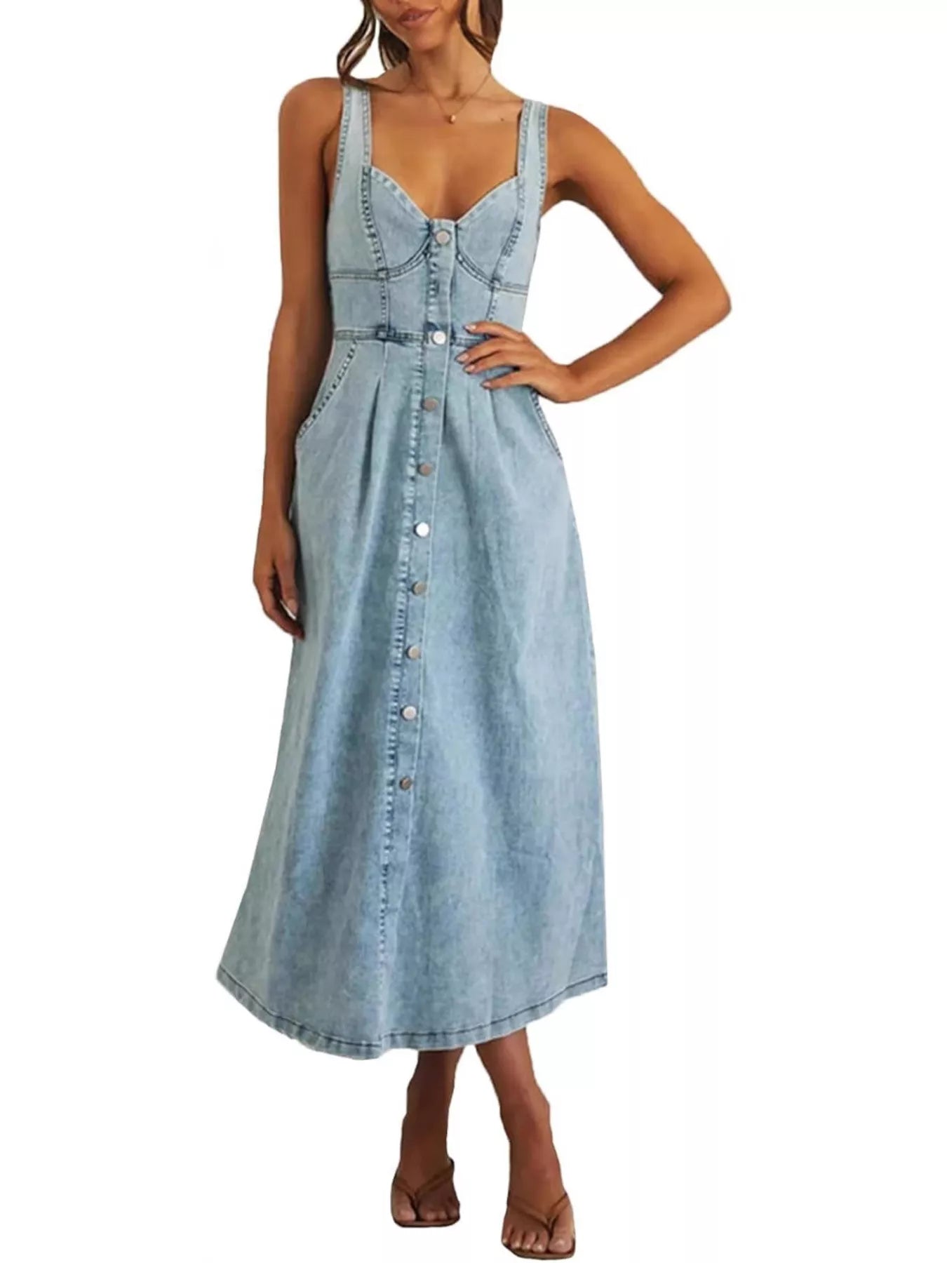 Trendsi Smocked Back Button Front Denim Midi Dress -