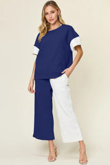 Trendsi Double Take Full Size Texture Contrast T-Shirt and Wide Leg Pants Set -