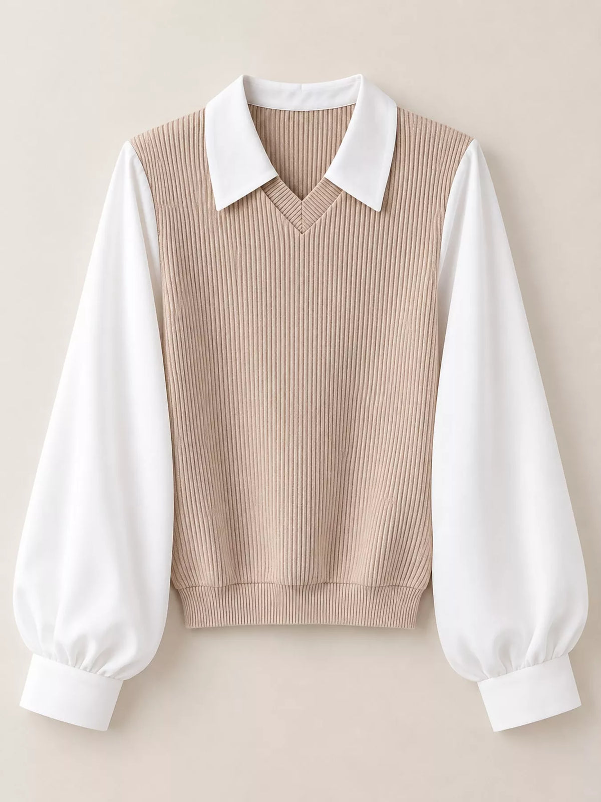 Layered blouse, taupe and white flat lay