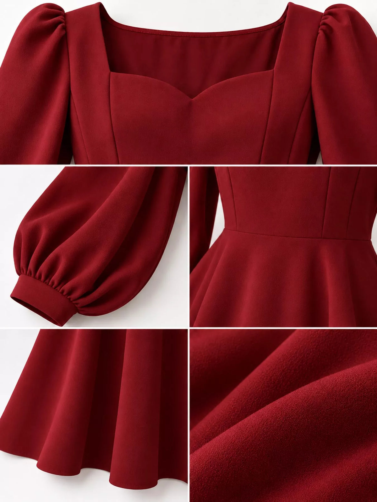 Burgundy long sleeve a line midi dress, detail view
