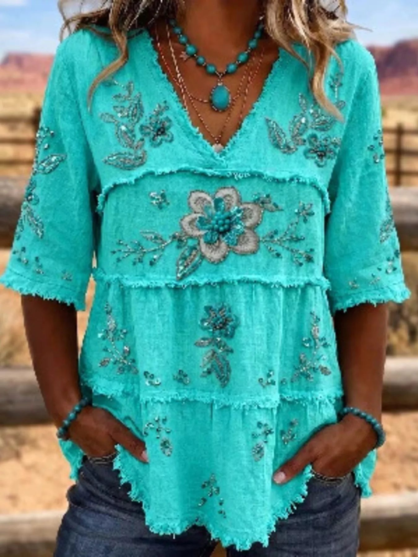 Trendsi Full Size Floral Raw Hem V-Neck Blouse Plus Size -