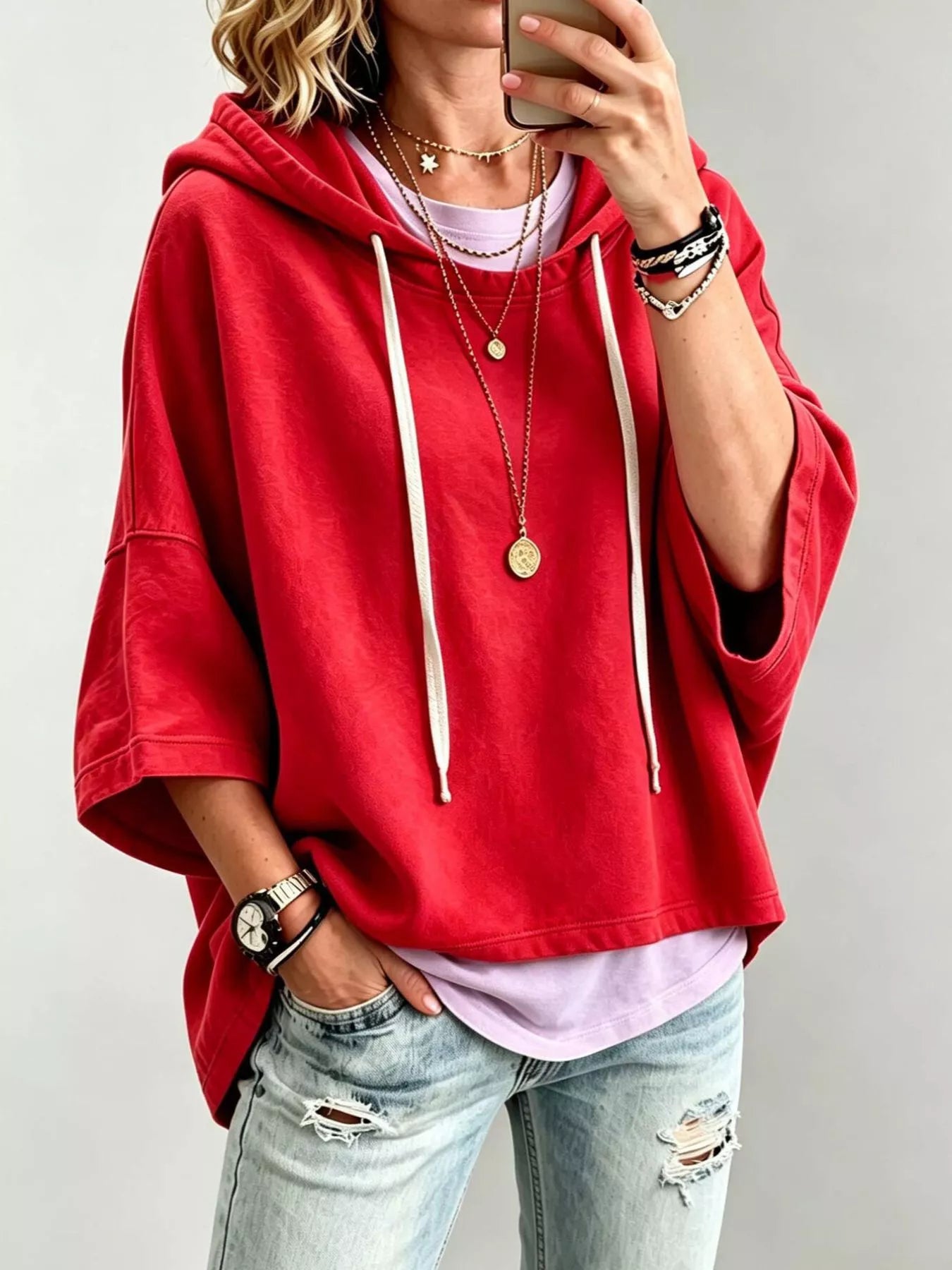 Trendsi Drawstring 3/4 Sleeve Hoodie -