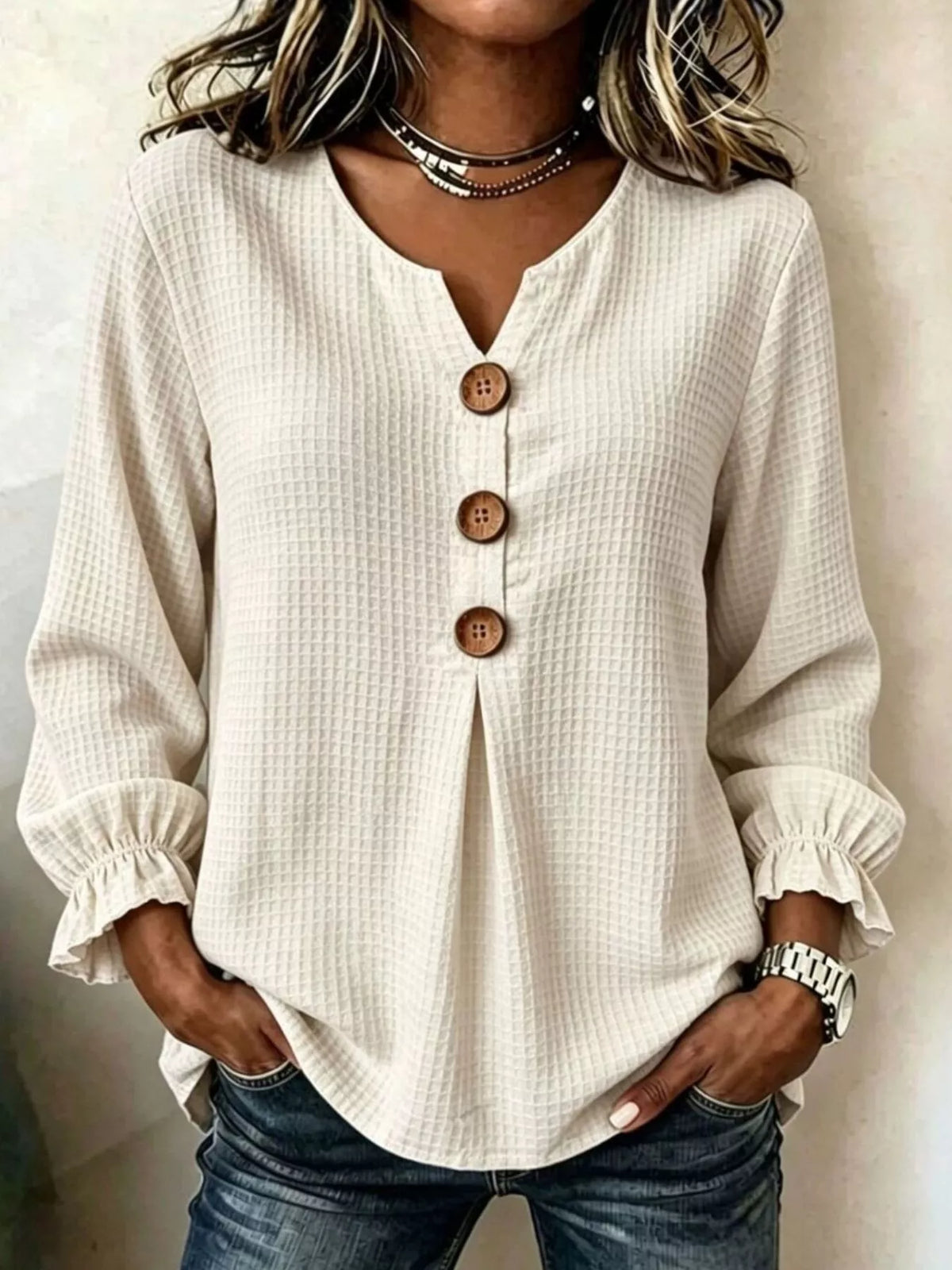 Cream waffle knit blouse, front view
