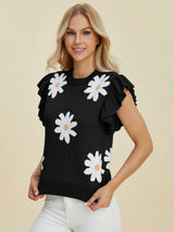 Trendsi Double Take Full Size Ruffled Flower Round Neck Cap Sleeve Sweater -