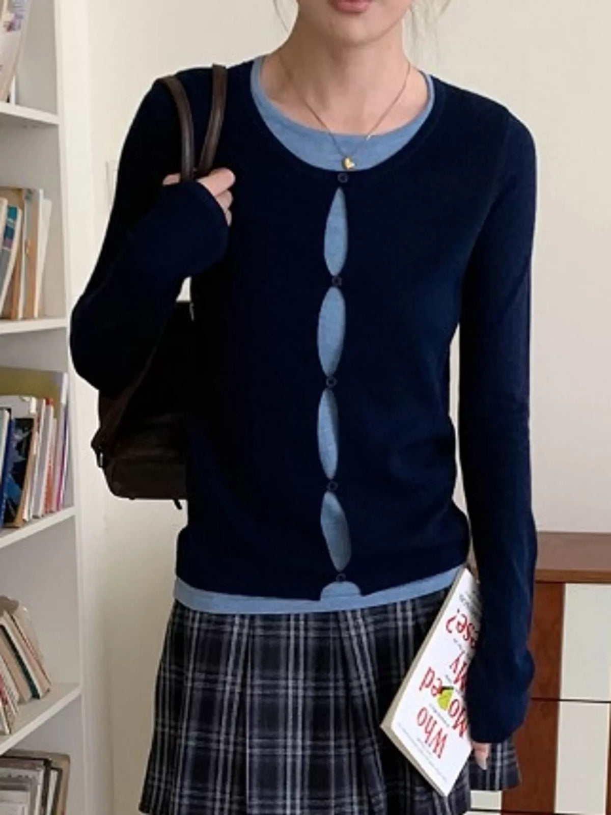 Layered knit top, navy front