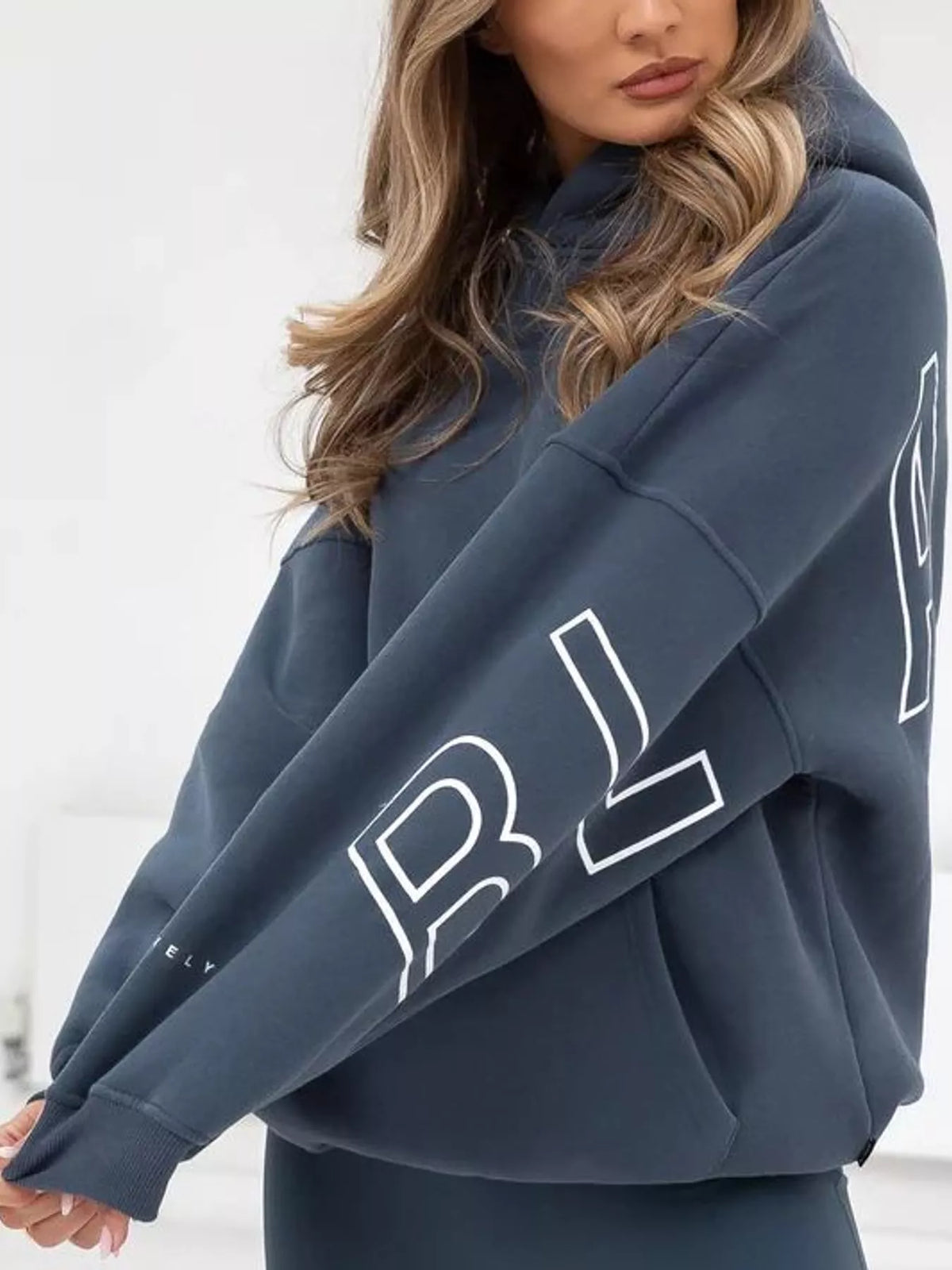 Slate blue letter-print pullover hoodie with kangaroo pocket