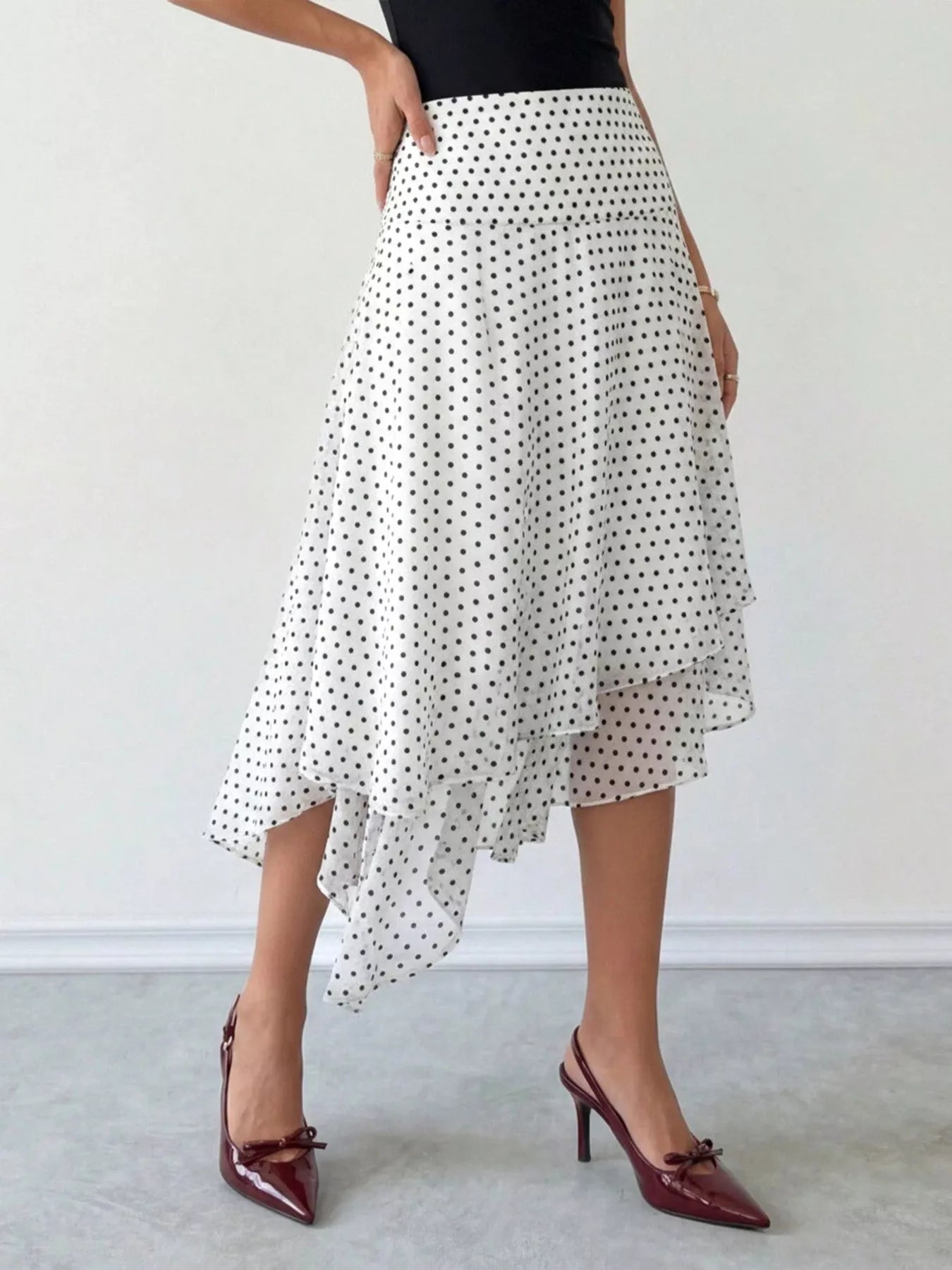 Trendsi Polka Dot Asymmetrical Hem Midi Skirt -