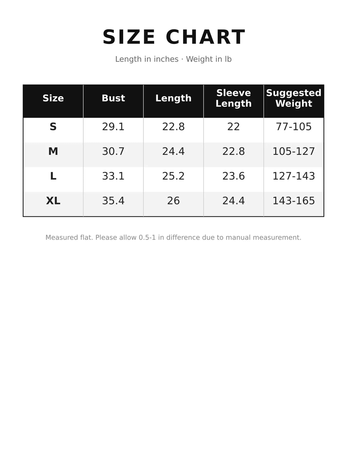 Slim-Fit Long Sleeve Crew Neck T-Shirt — size and measurement chart