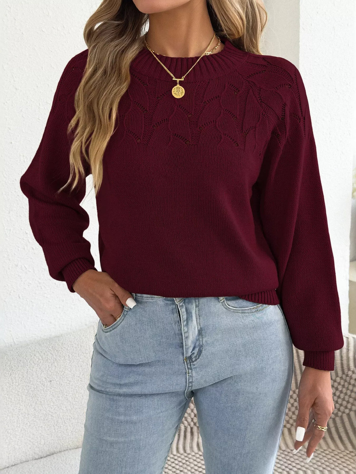Burgundy openwork crew neck sweater