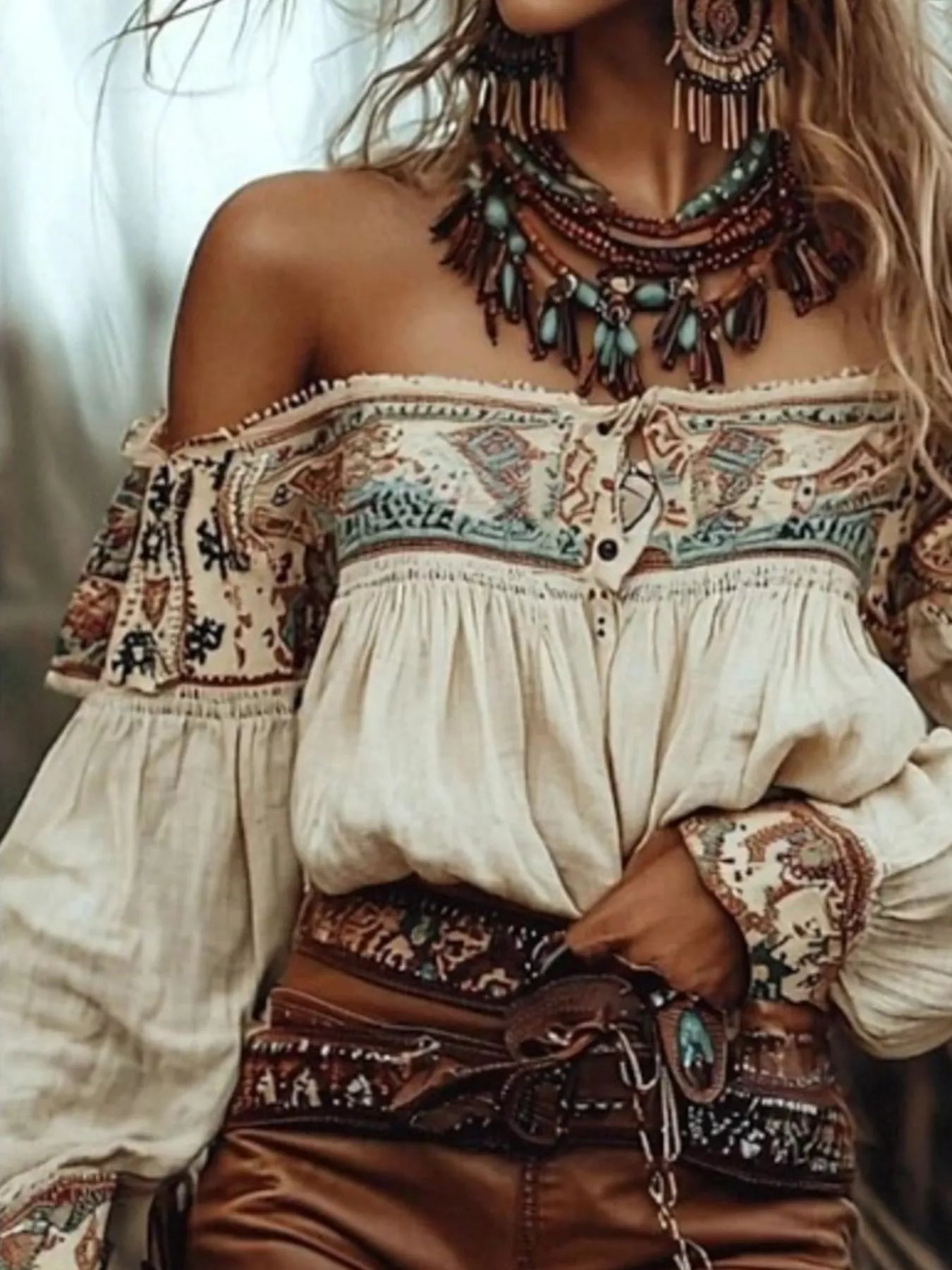 Trendsi Off-Shoulder Printed Long Sleeve Blouse -