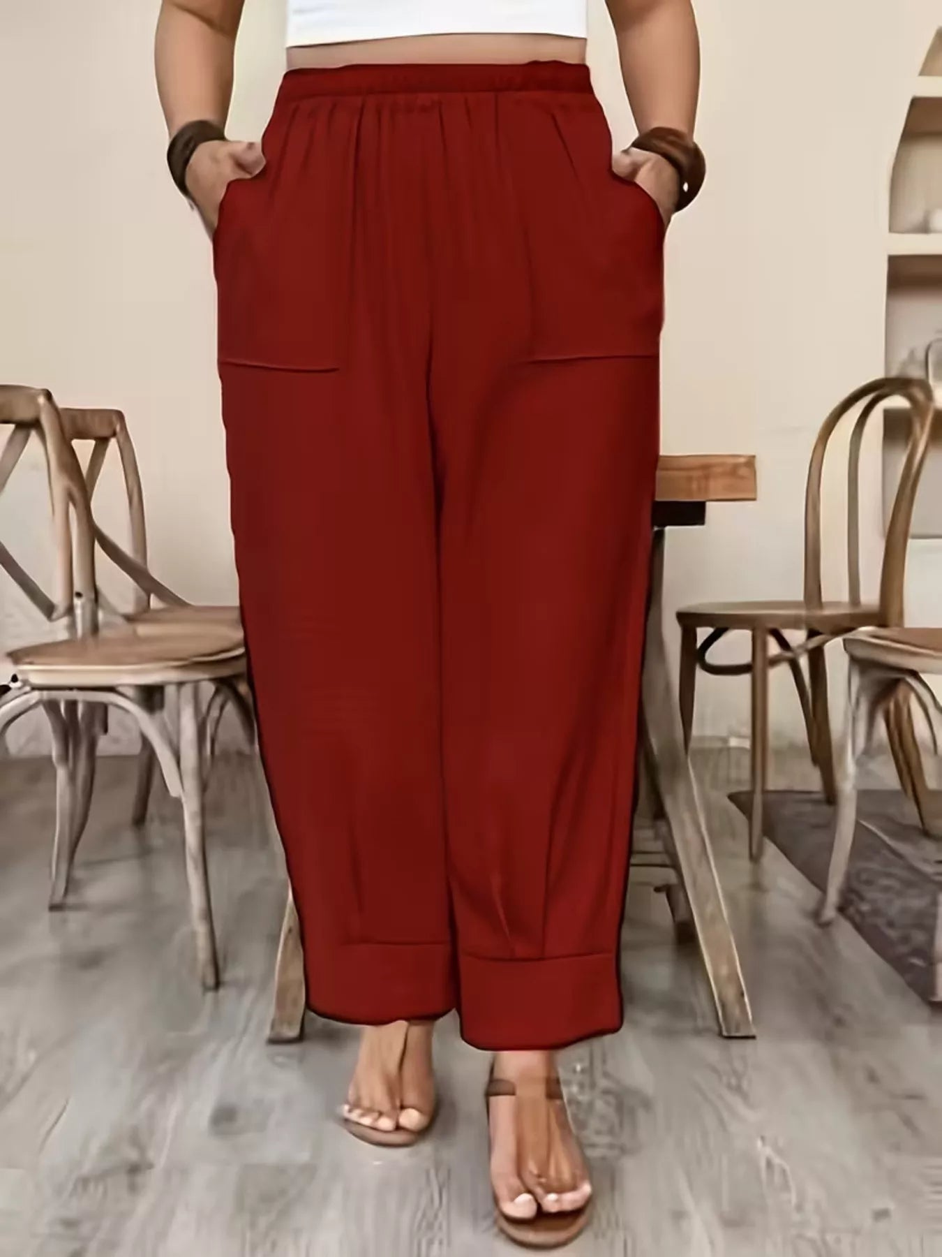 Trendsi Plus Size High-Waisted Elastic Waist Pants with Pockets -