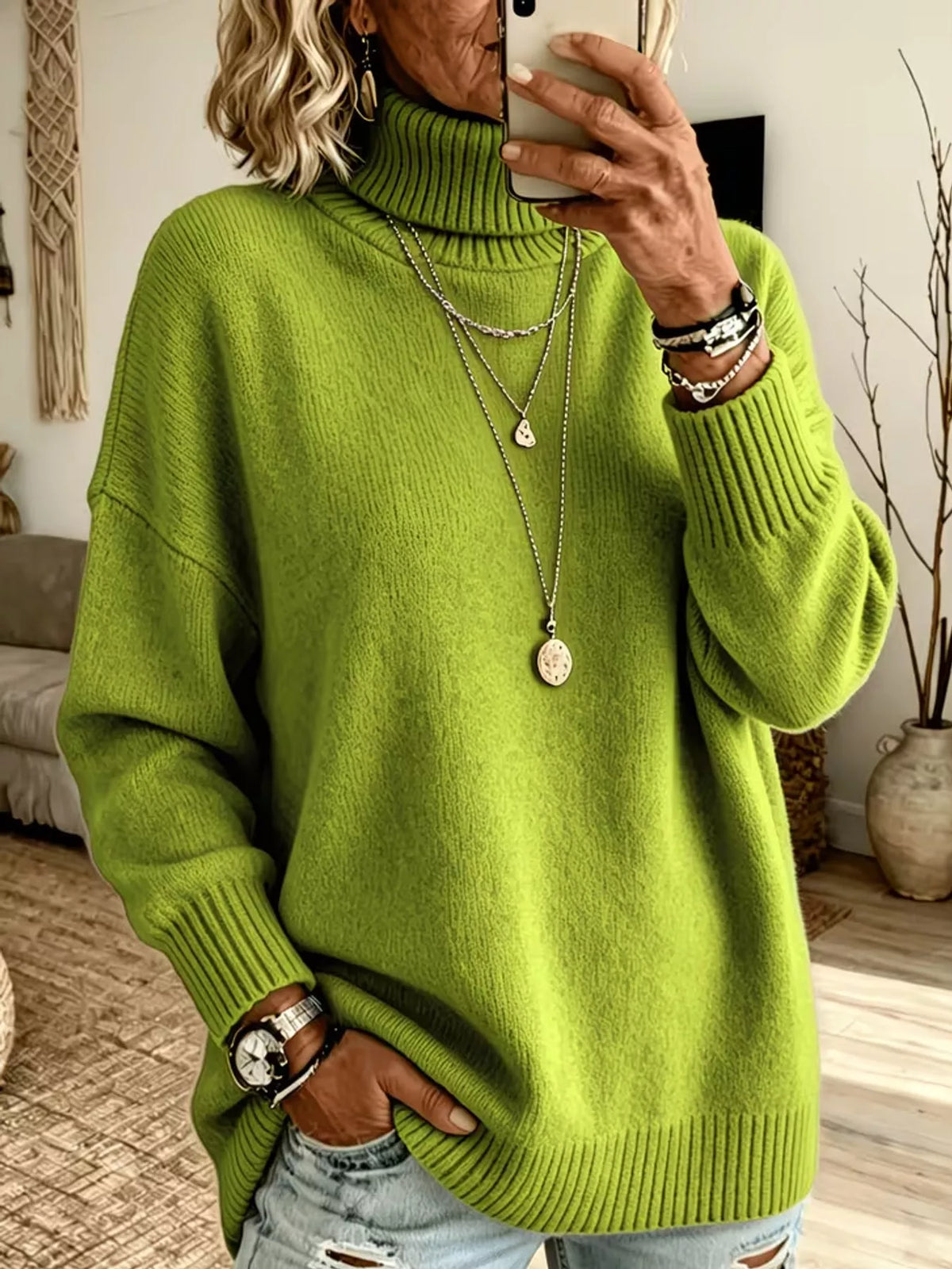 Green turtleneck sweater