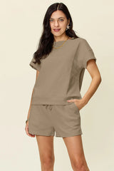 Trendsi Double Take Full Size Texture Short Sleeve T-Shirt and Drawstring Shorts Set - Shorts