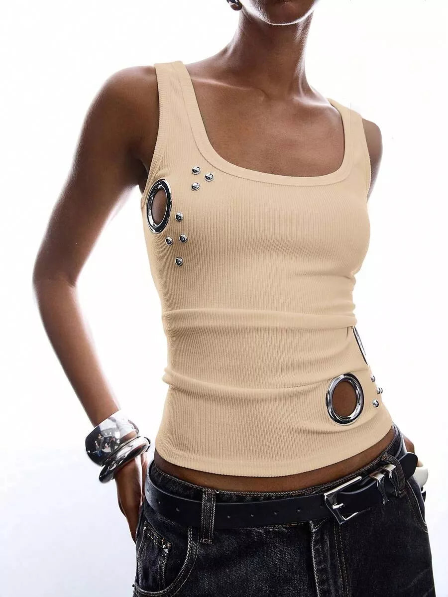 Trendsi Ribbed Tank Top with Metal Grommet Cutouts and Stud Embellishments -