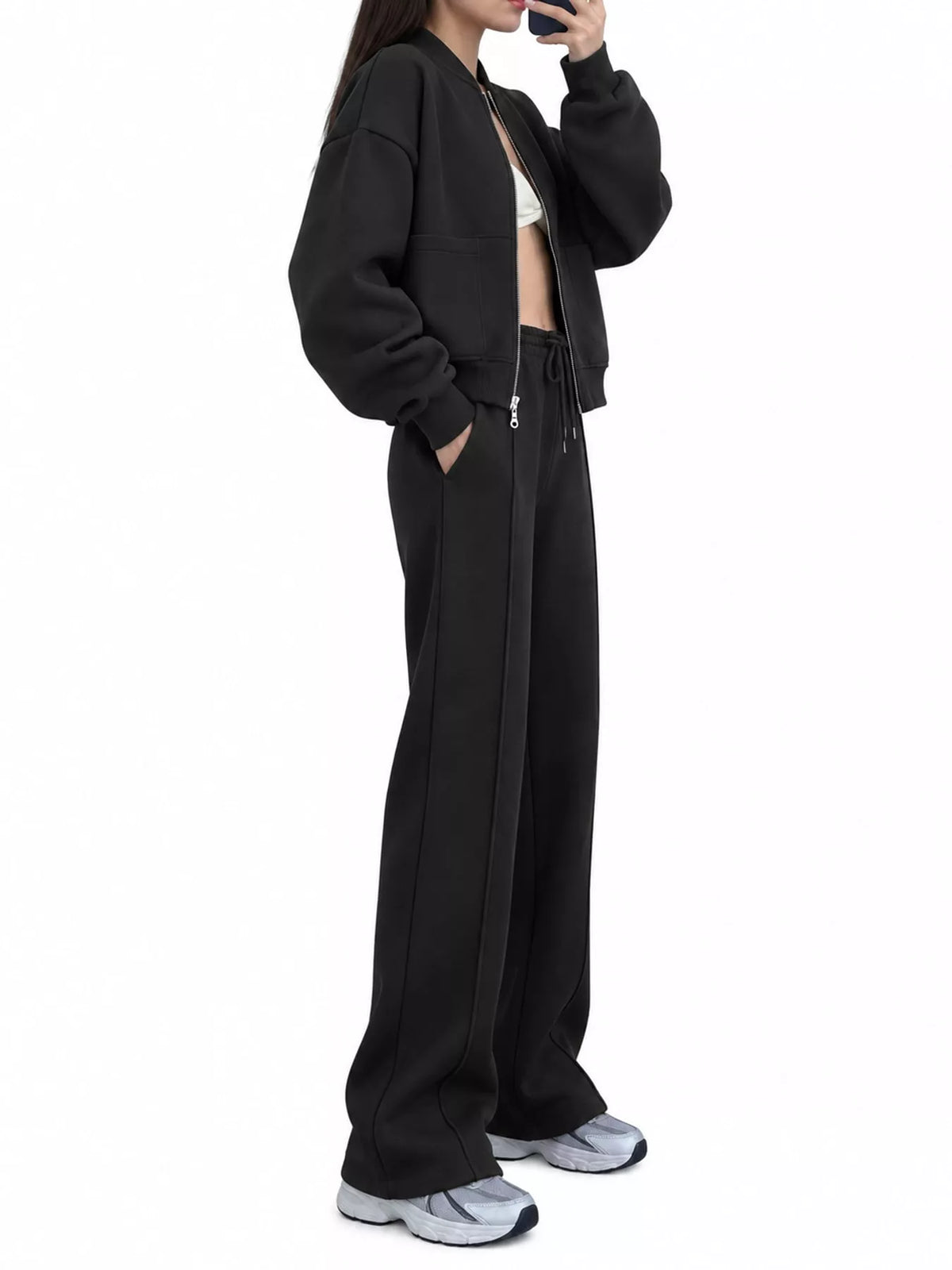 Zip jacket and pants set, black set side