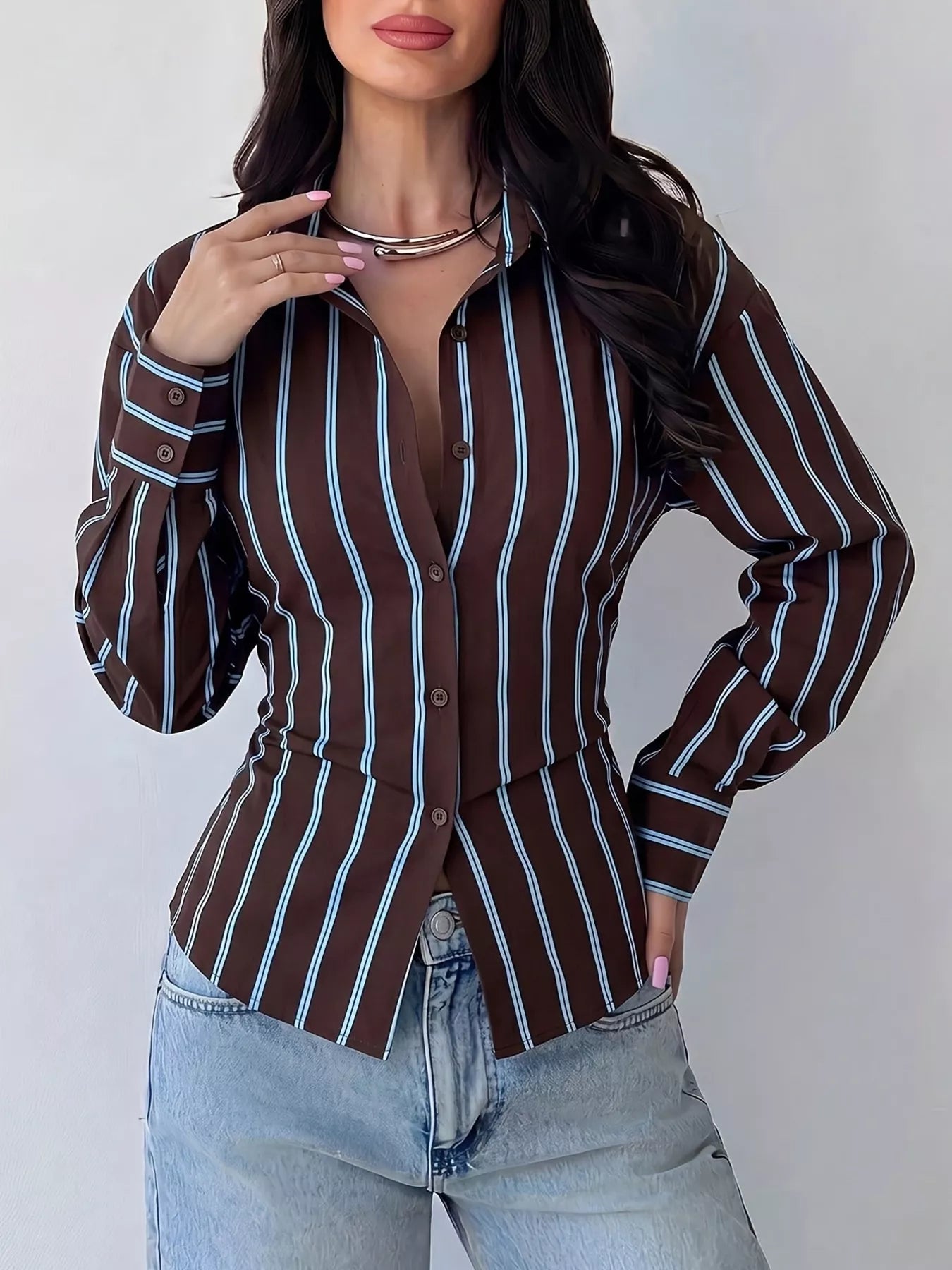 Trendsi Striped Button-Down Slim-Fit Shirt -