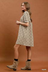 Trendsi Umgee Floral Textured Puff Sleeve Mini Dress -