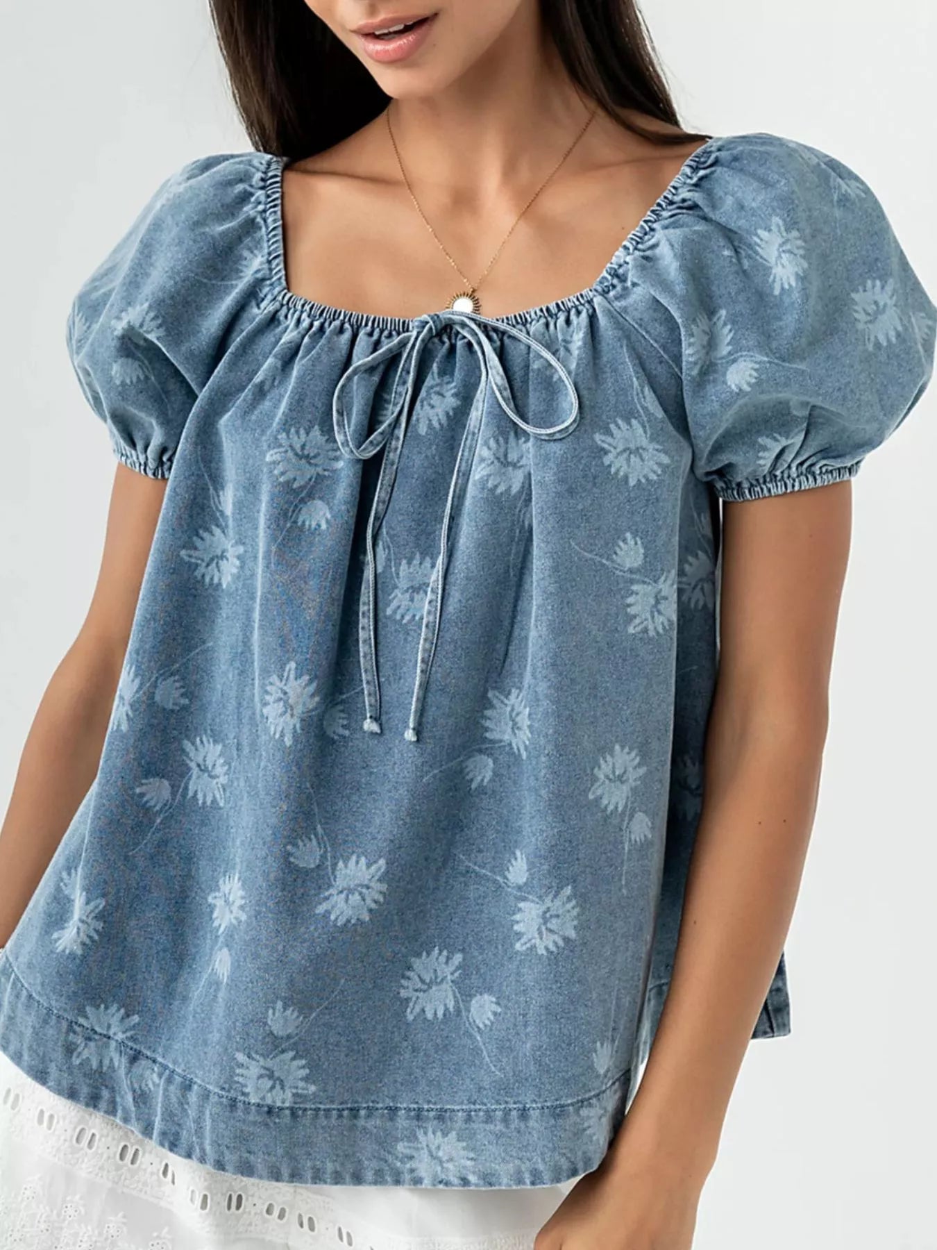 Trendsi Floral Print Puff Sleeve Denim Top -