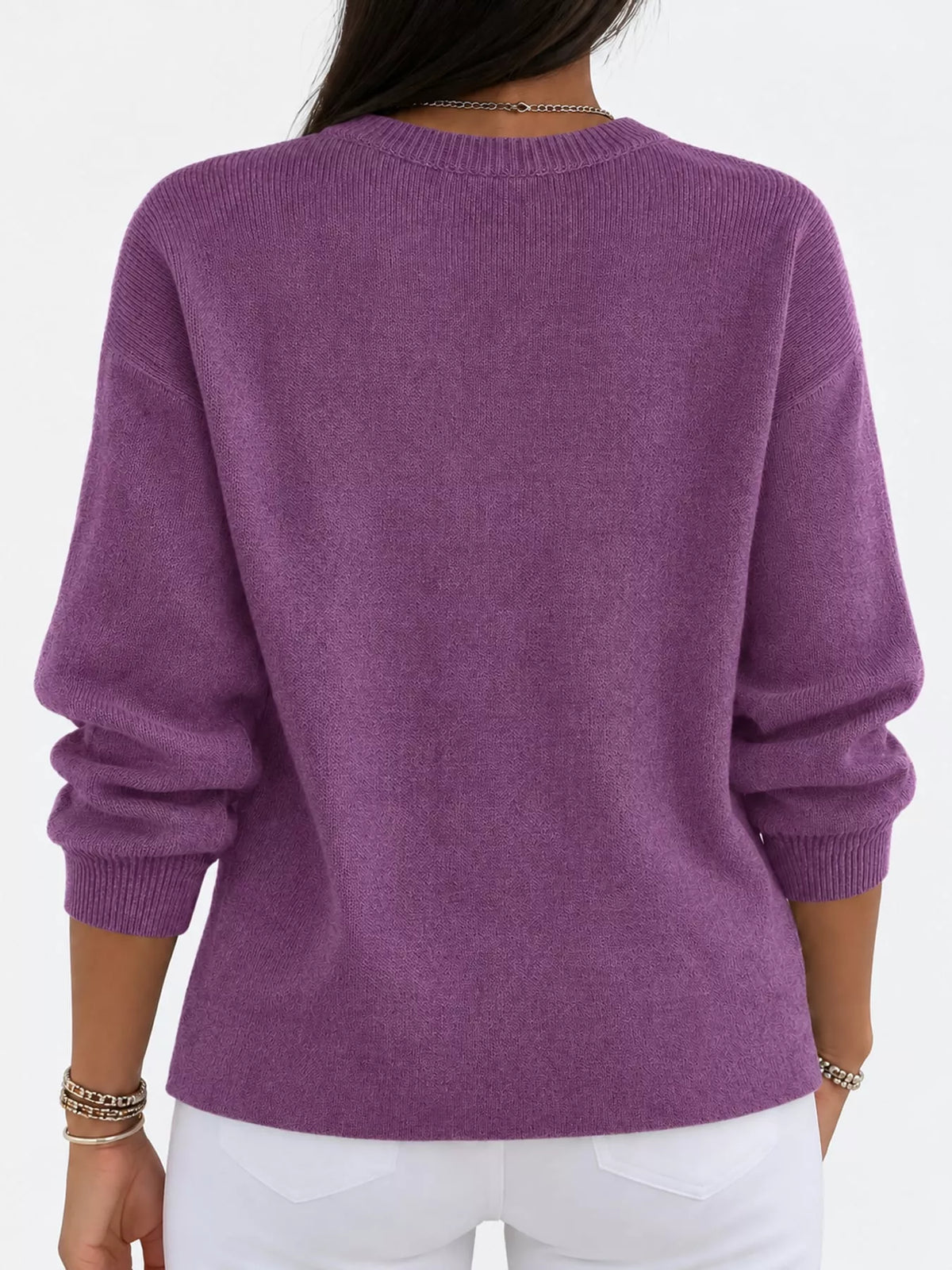 Purple crew neck sweater, back view