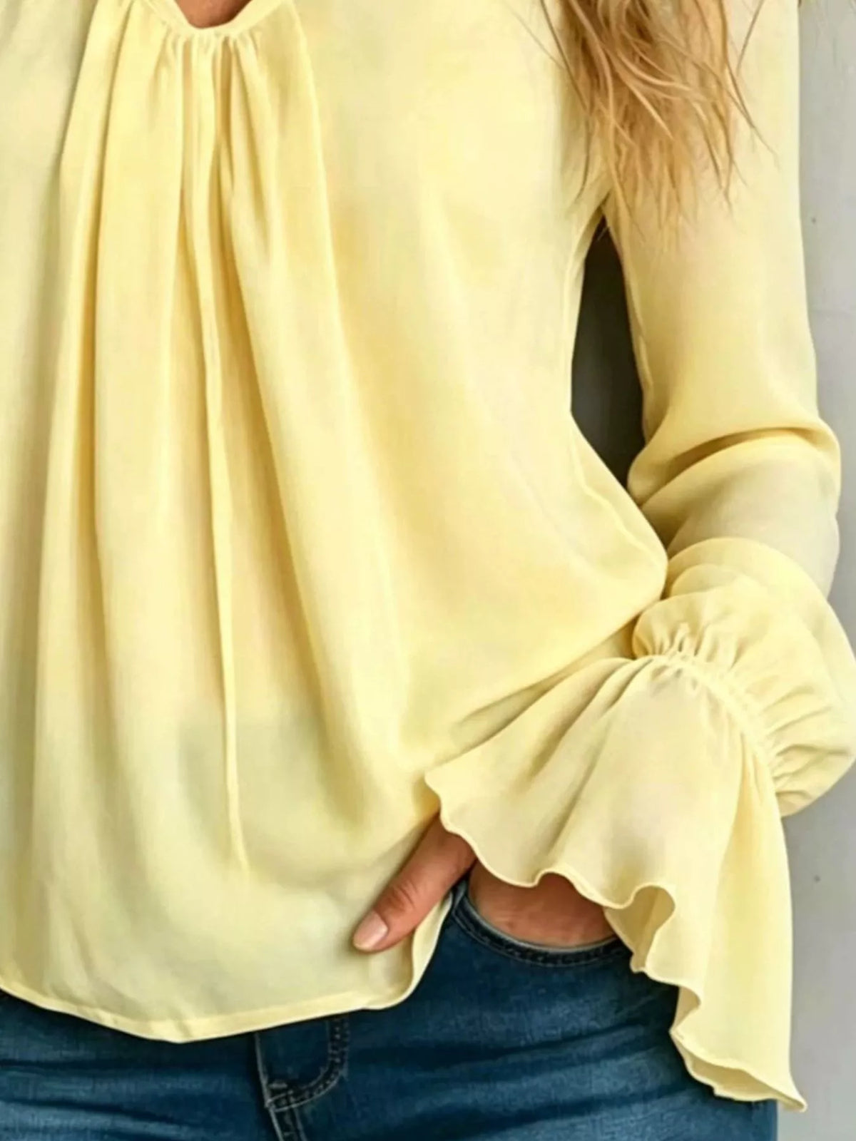 Pastel Yellow V-Neck Flounce Sleeve Blouse detail view