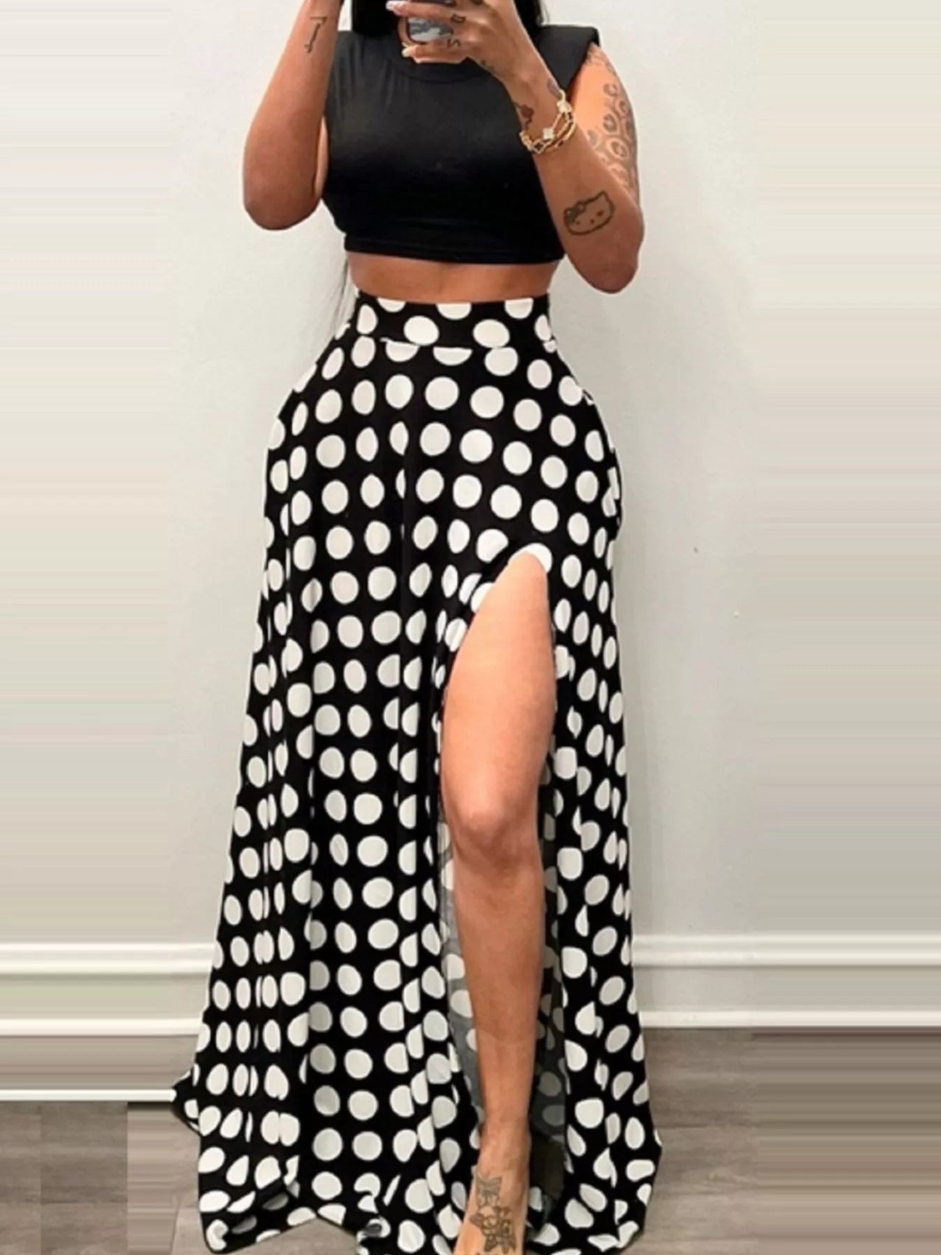 Trendsi Polka Dot High Slit Maxi Skirt -