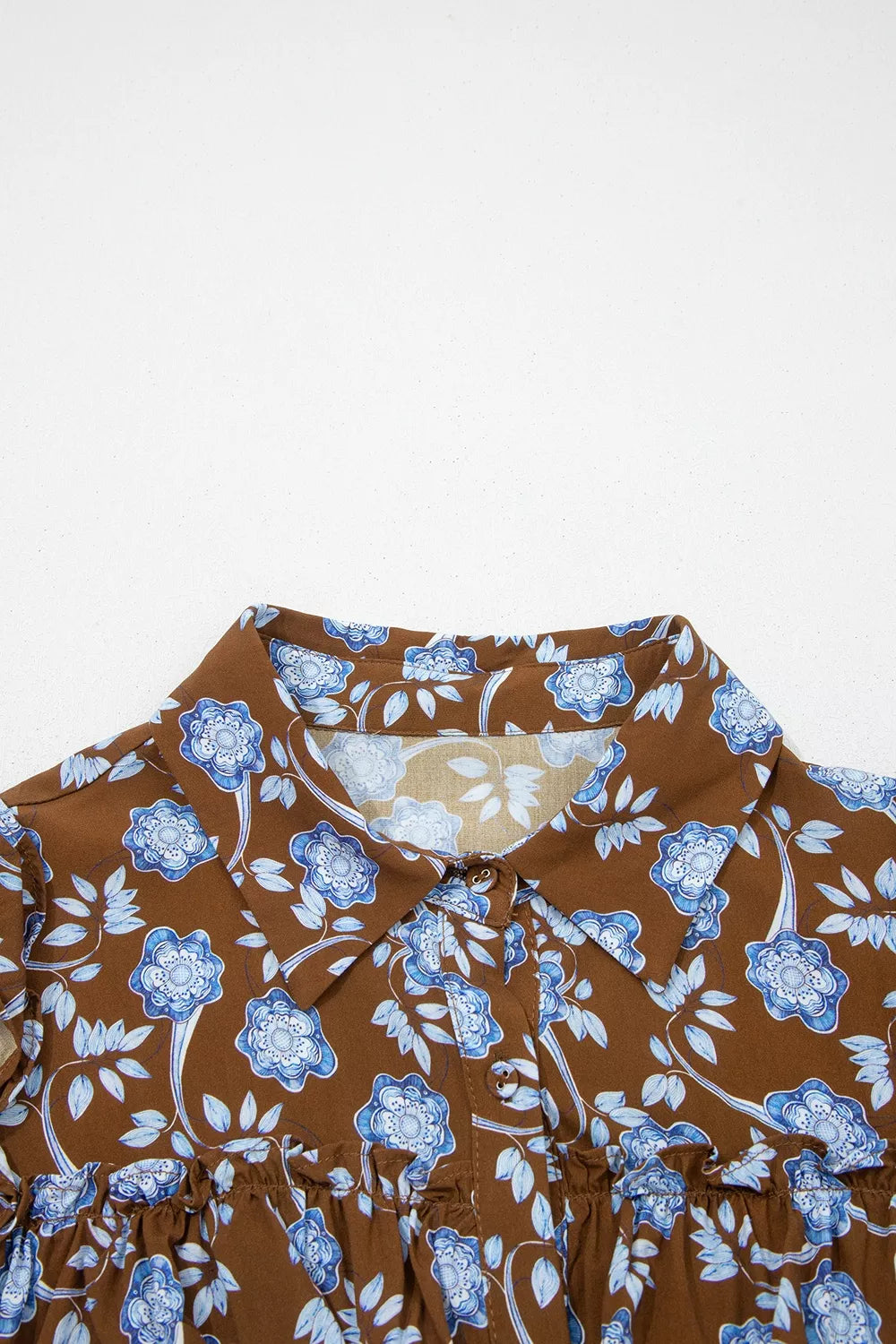 Trendsi Floral Print Ruffled Detail Shirt Collar Button Down Long Sleeve Dress -