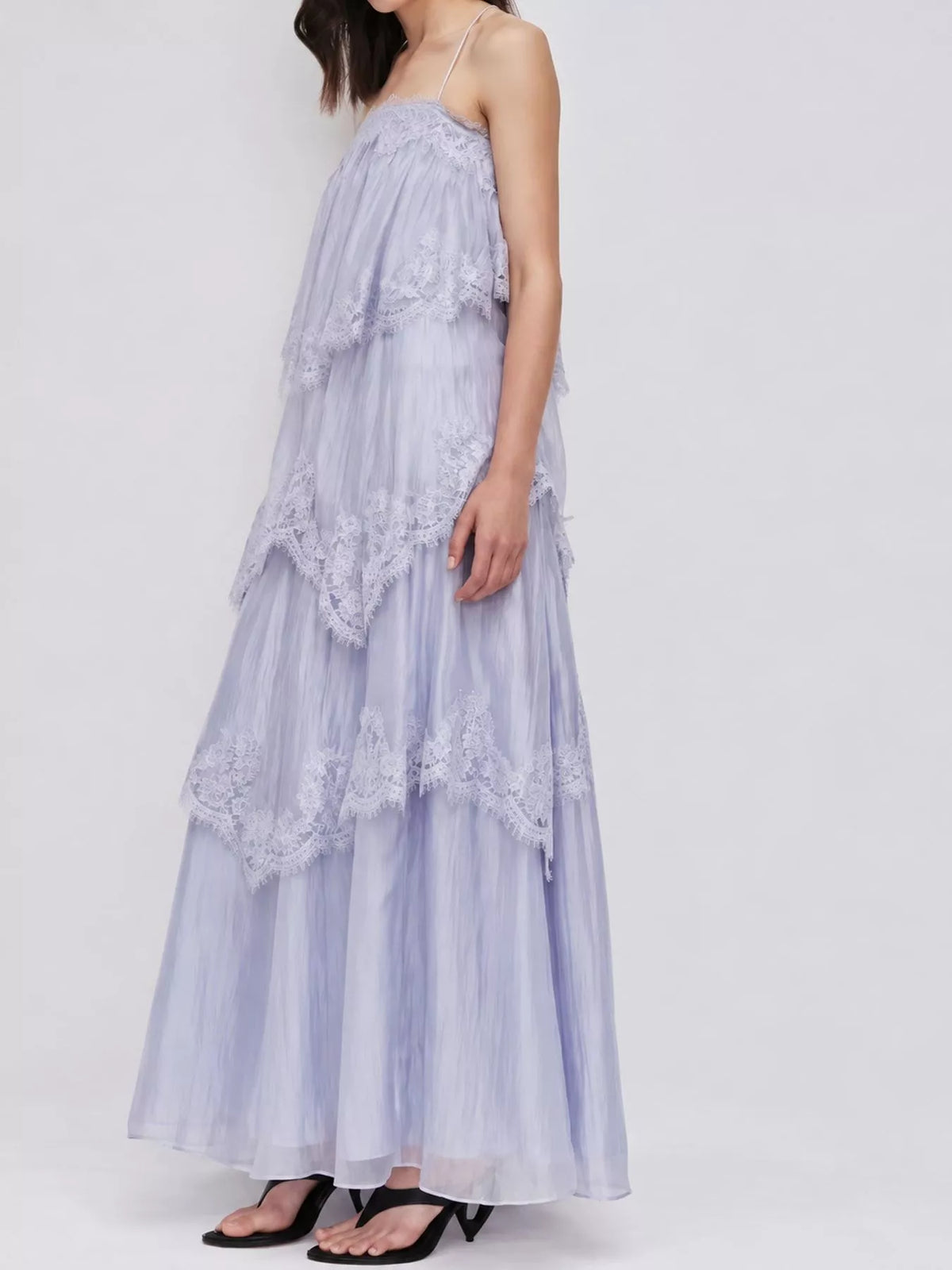 spaghetti-strap maxi dress, front view on model
