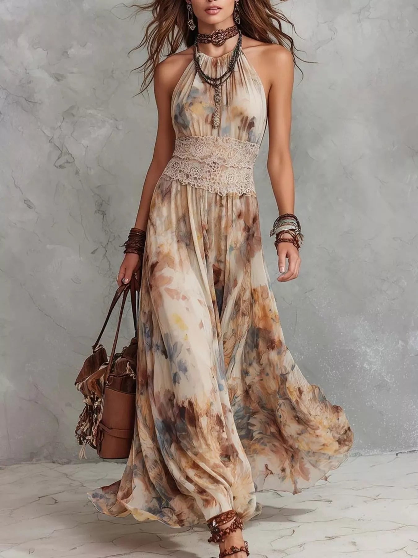 Trendsi Floral Print Halter Neck Maxi Dress -