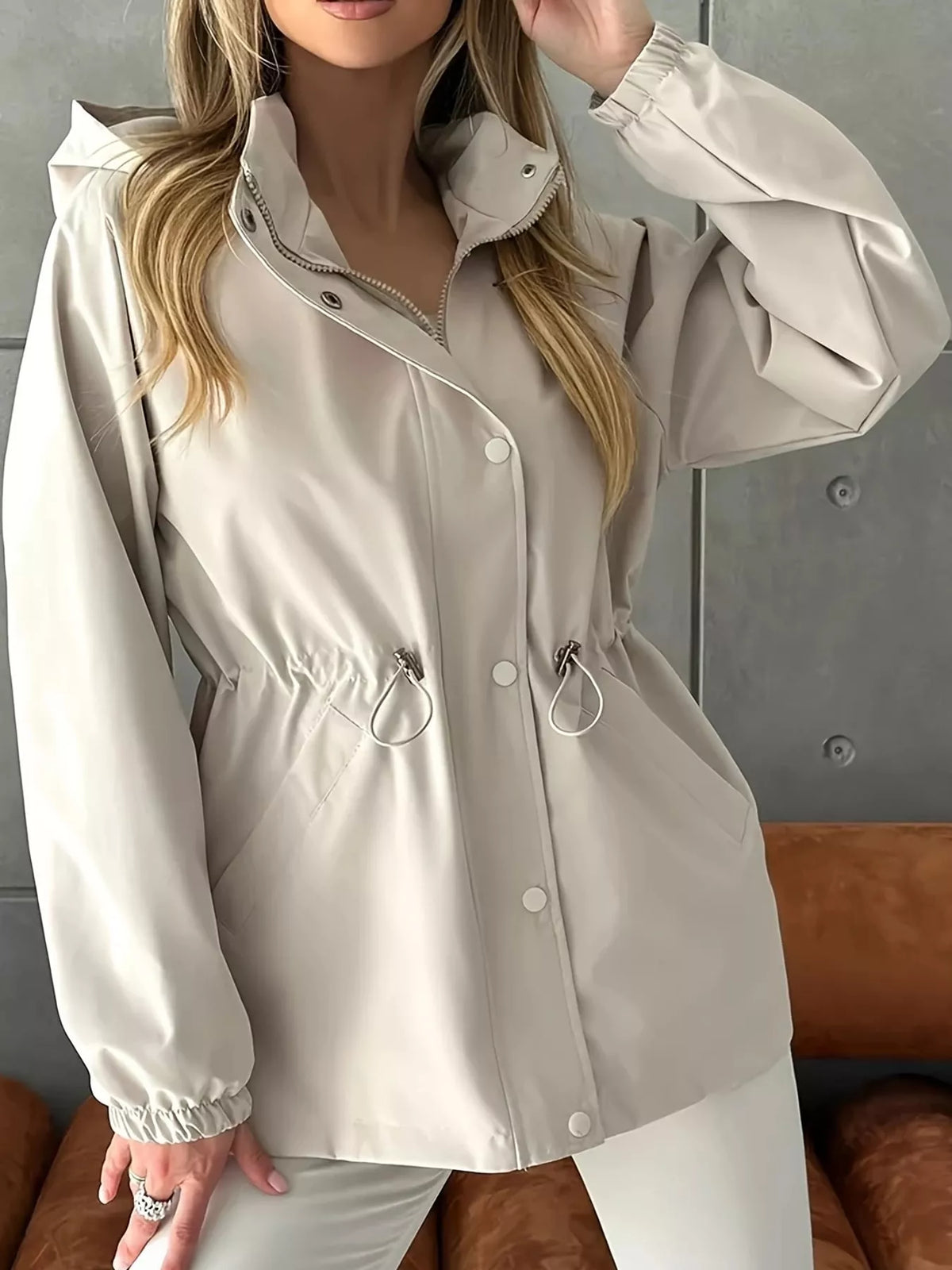 Apricot hooded drawstring waist windbreaker jacket