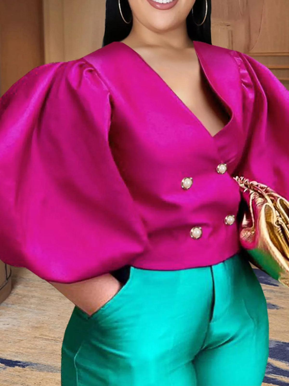 Fuchsia double-breasted puff sleeve blouse