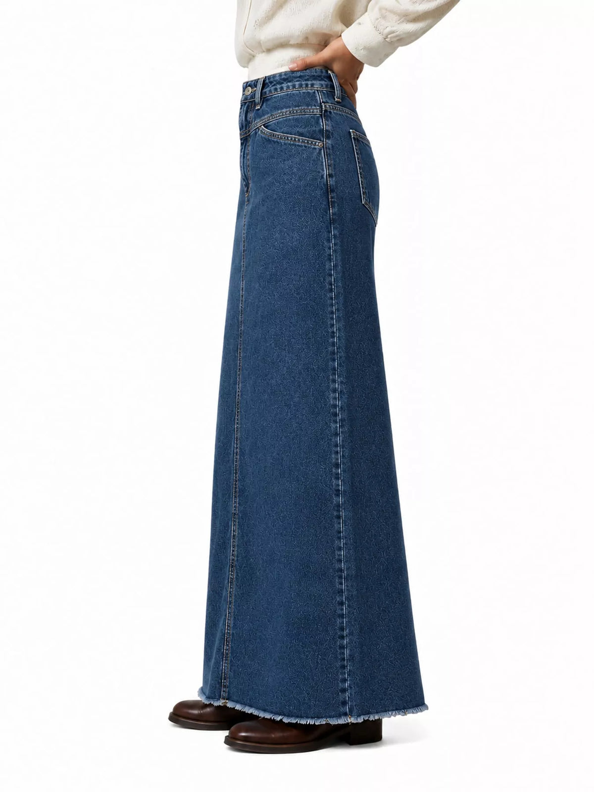 Raw Hem Maxi Denim Skirt — side view