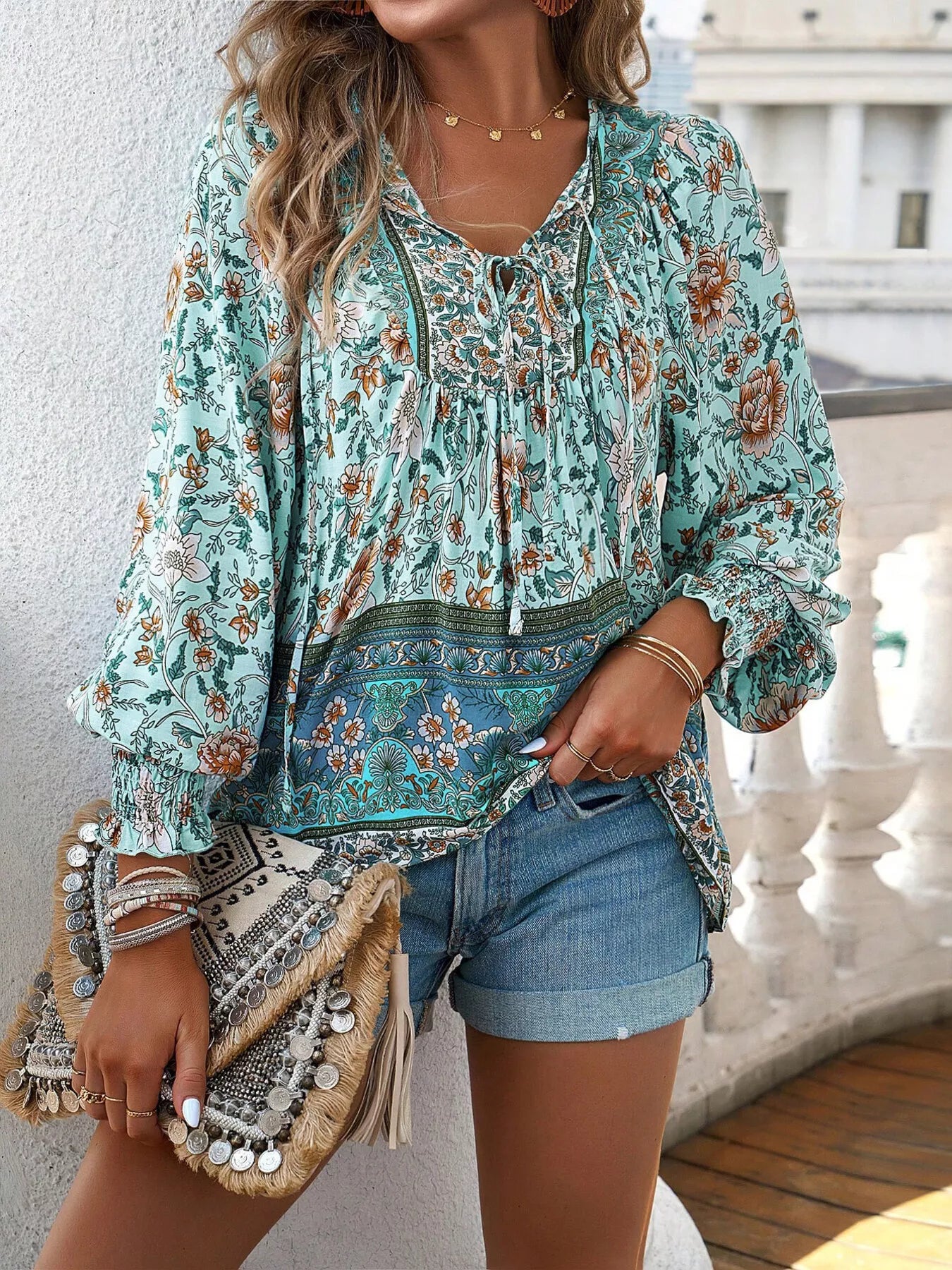 Trendsi Floral Print Tie-Neck Blouse with Smocked Cuffs -