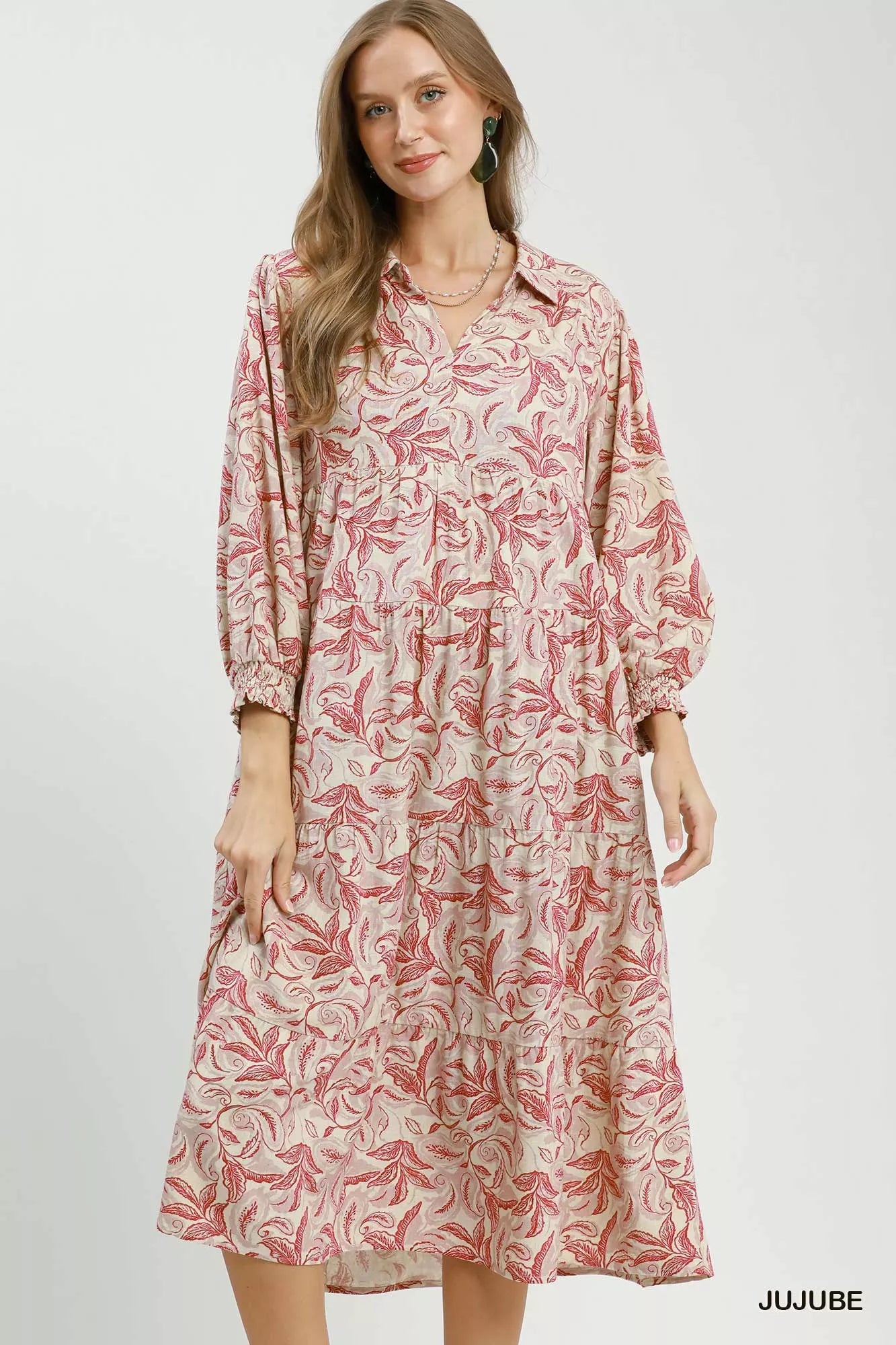 Trendsi Umgee Linen Botanical Print Tiered Midi Dress -