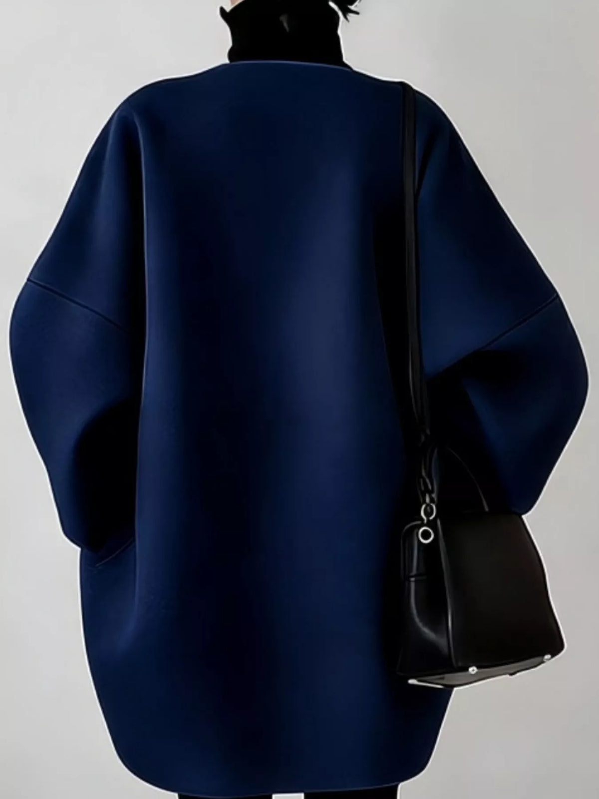 Navy oversized scuba-style coat, back view