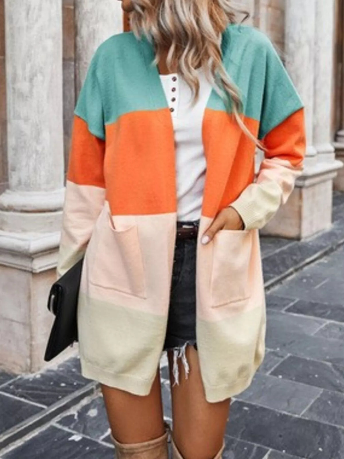 Trendsi Color-Block Open Front Knit Cardigan -