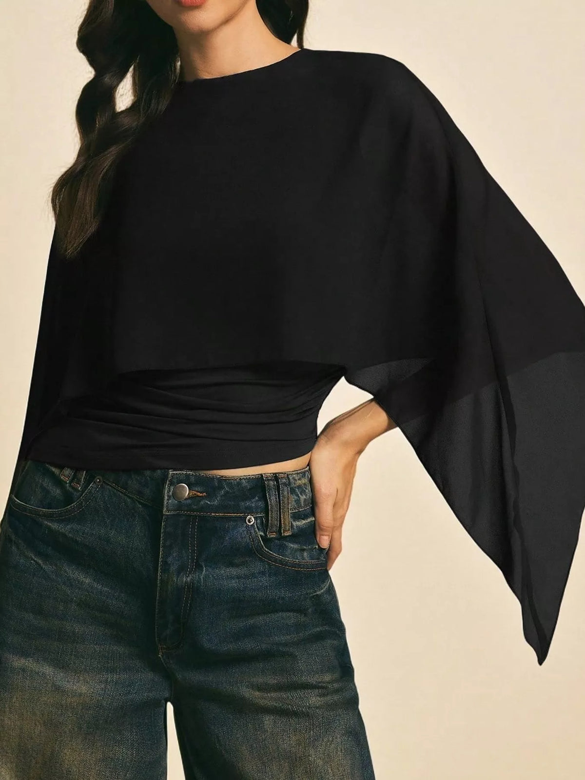 Black cape sleeve round neck blouse