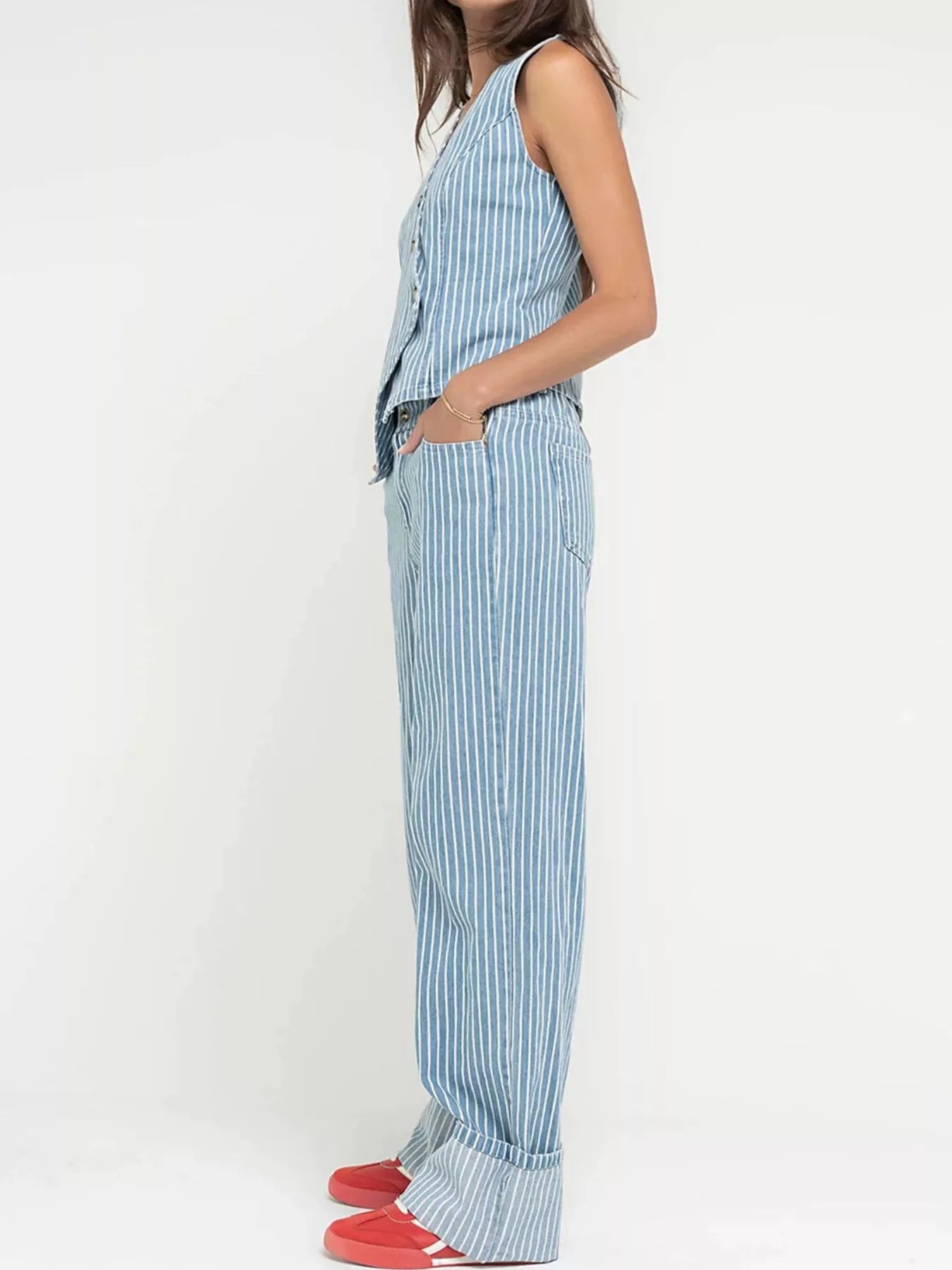 Trendsi Striped Button Up Sleeveless Top and Jeans Denim Set -
