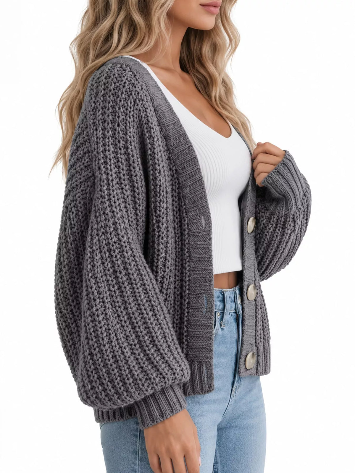 Button cardigan, gray side
