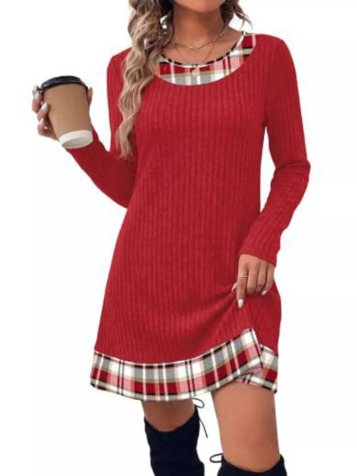 Round neck long sleeve mini dress, front view on model
