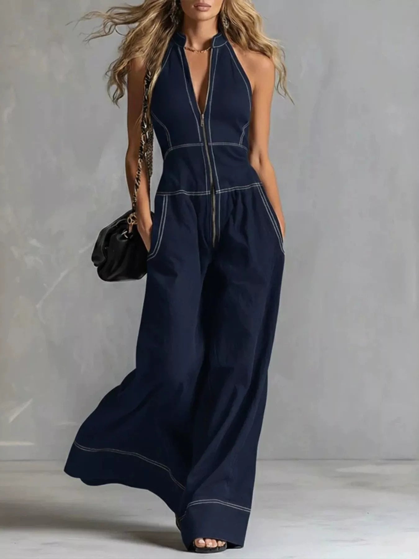 Trendsi Zip Front Sleeveless Wide Leg Jumpsuit -