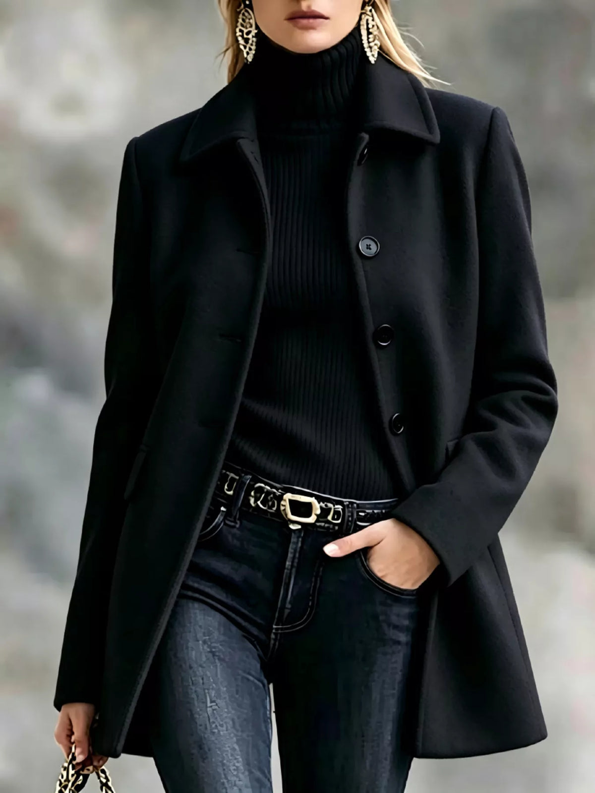 Black button-up collared neck coat