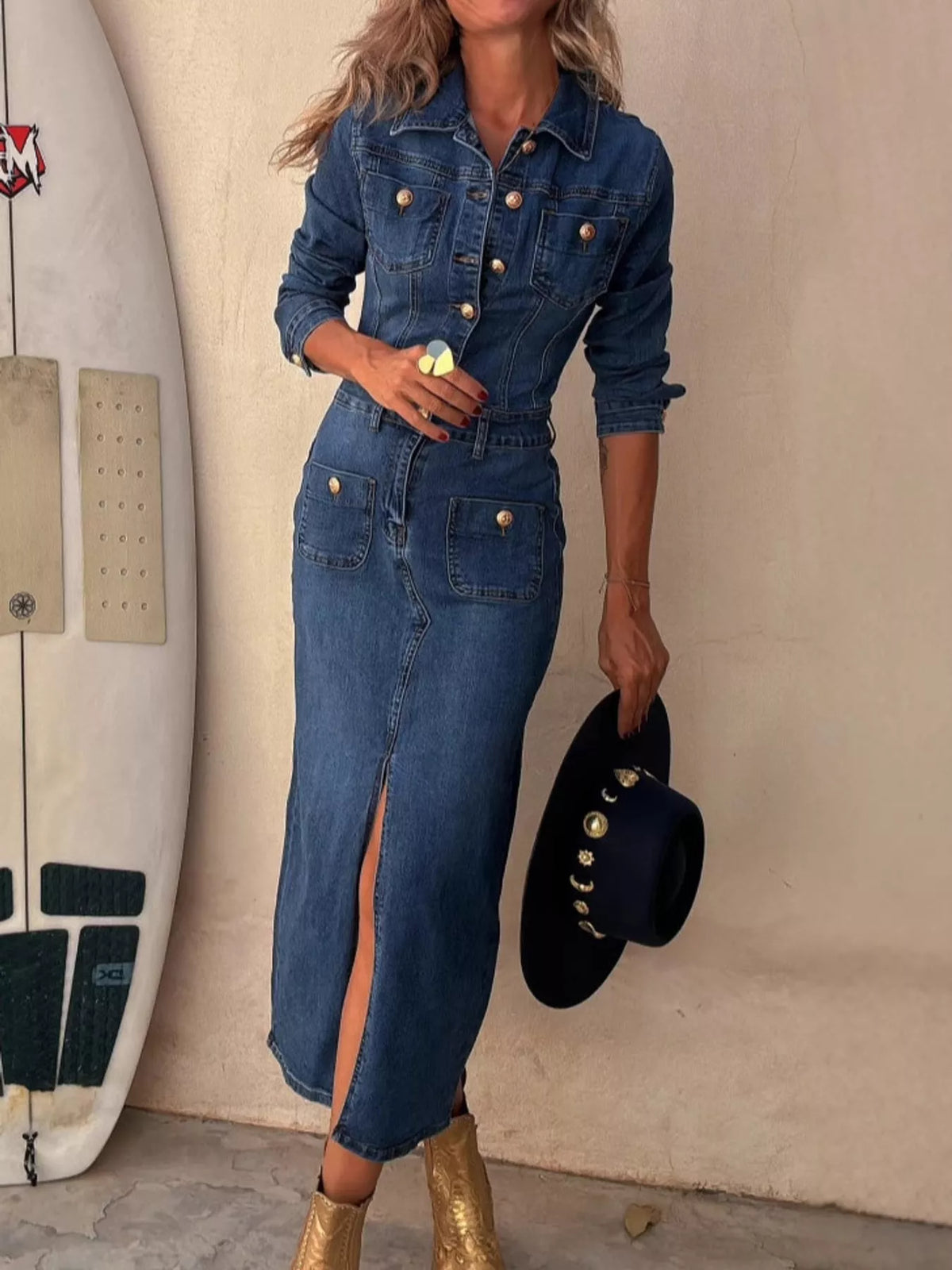 Blue button front slim fit denim midi dress, front view