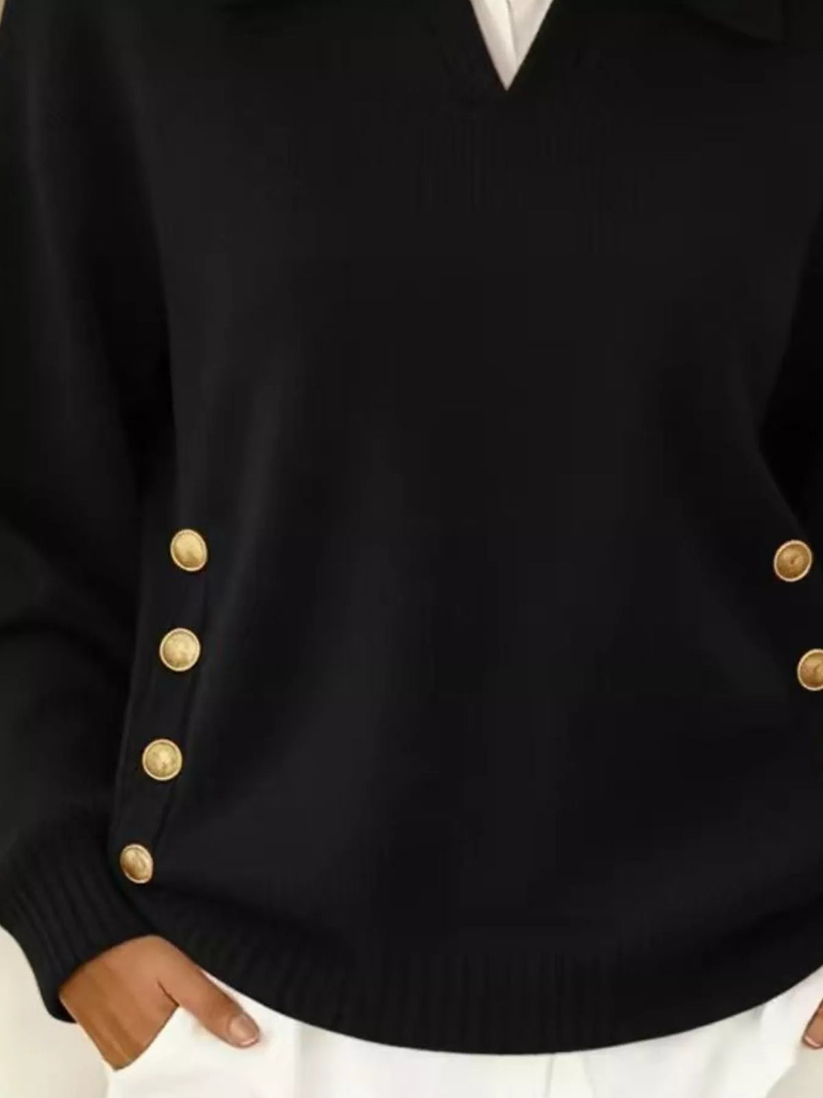 Women's Decorative Button Dropped Shoulder Sweater in Black, back view