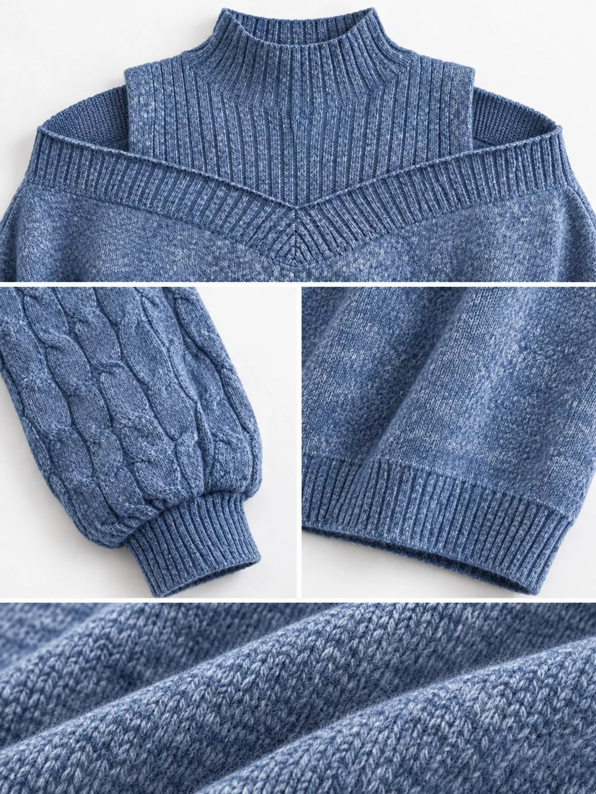 Blue cold shoulder mock neck cable knit sweater, detail view