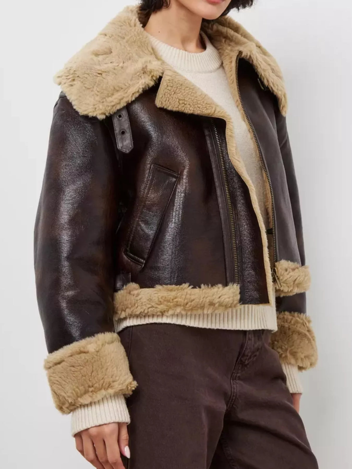 Faux Leather Aviator Jacket with Plush Trim, front view