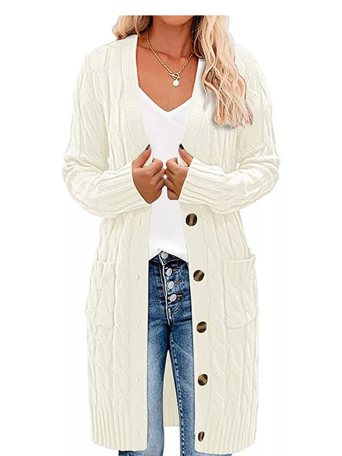 Cable Knit Button-Down Cardigan with Pockets — front view