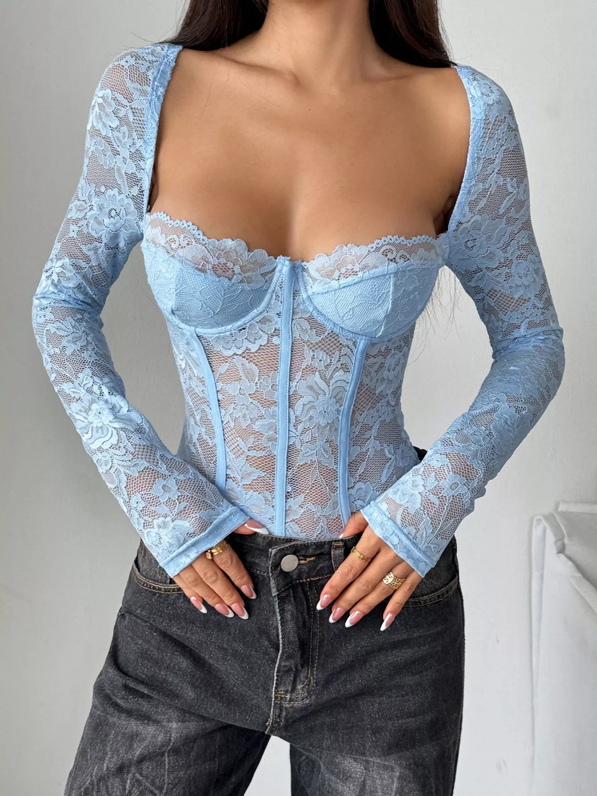 Lace Corset Sweetheart Neck Bodysuit — front view